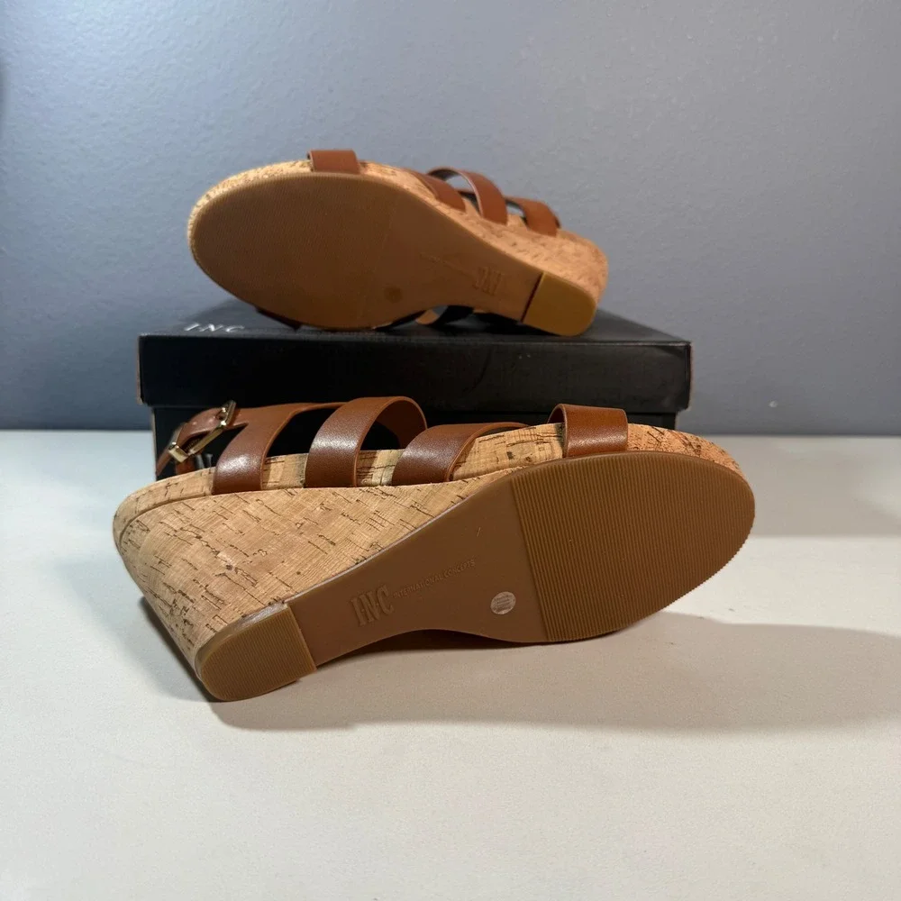 INC Landor Wedge Sandals Womens 11 Brown Strappy Cork Heel